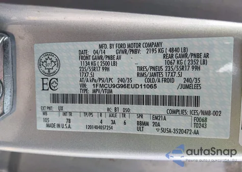 2014 Ford Escape Se z USA, uszkodzony, nr VIN 1FMCU9G96EUD11065